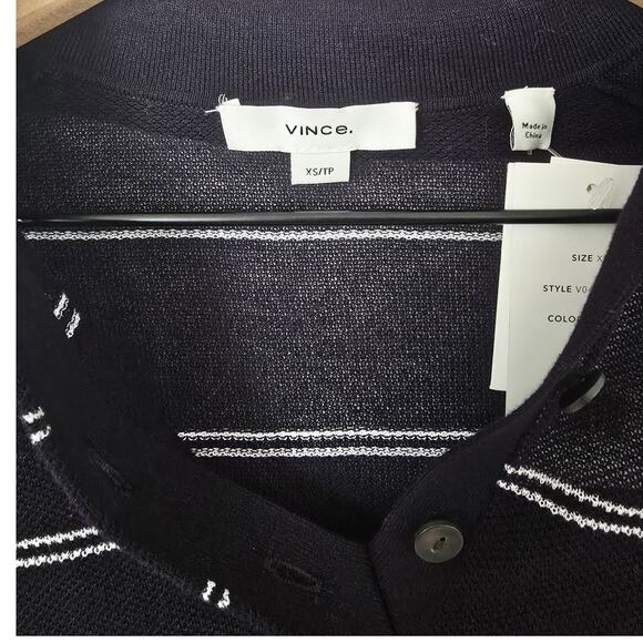 Vince Striped Navy White Italian Cotton Piqué Polo Top Sz XS Long Sleeve NWT - Picture 4 of 6
